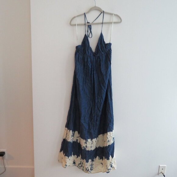 YOUNG FABULOUS & BROKE Denim Tie Dye Maxi Halter Dress Grunge Y2K - Size S - Picture 2 of 12